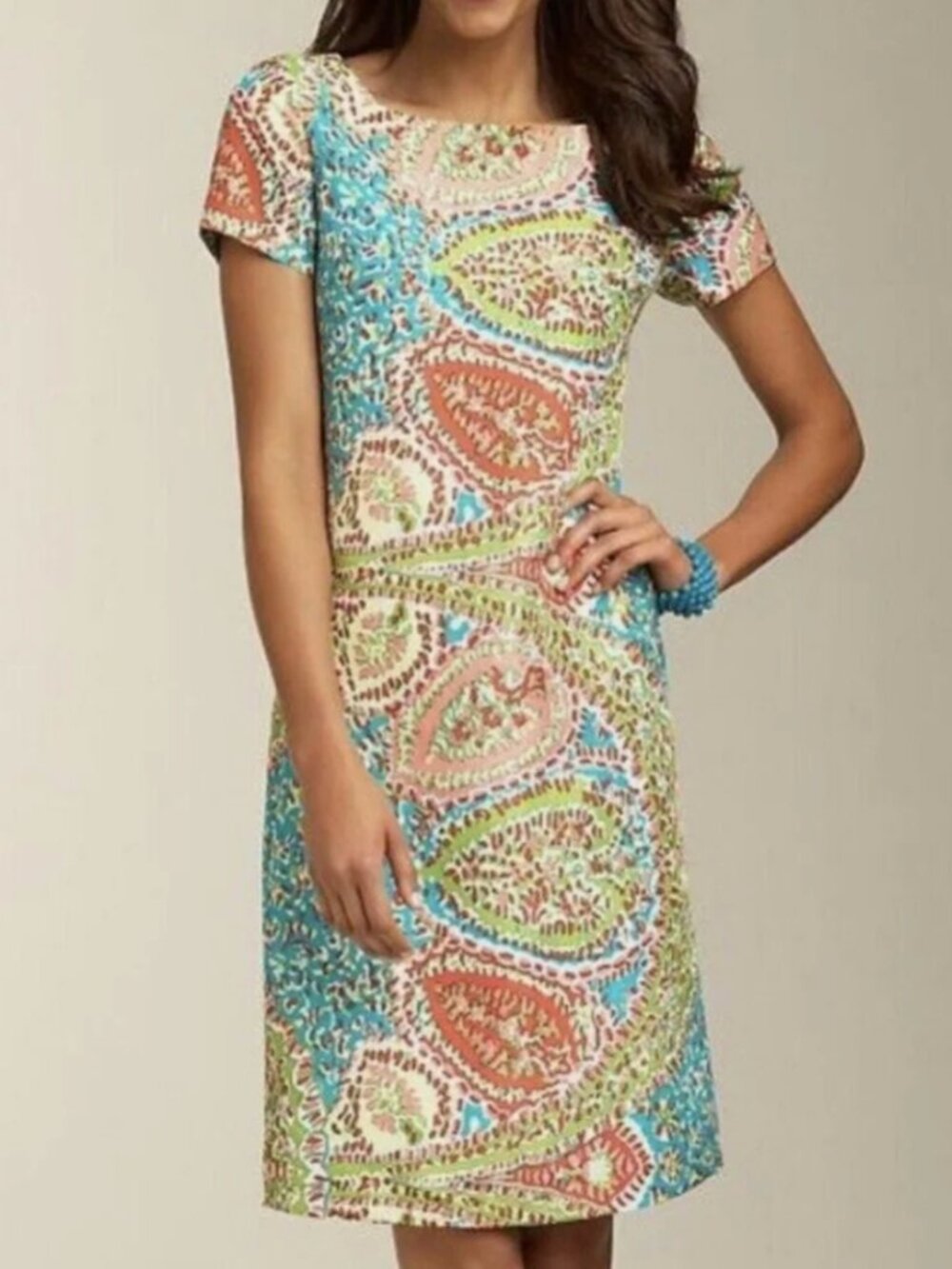 Talbots- Summer Paisley Leaf Short Sleeve Multi Color Lined dress